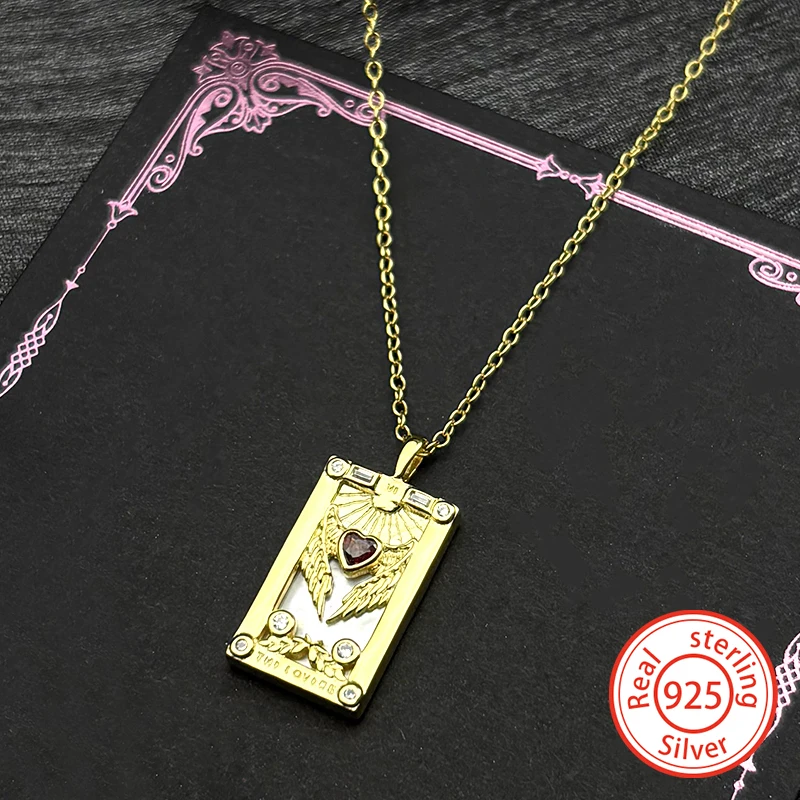 

925 Sterling Silver Zircon Tarot Card Anglel Wing Red Heart Pendant Necklace for Women Gold Plated Clavicle Chain Jewelry Gift