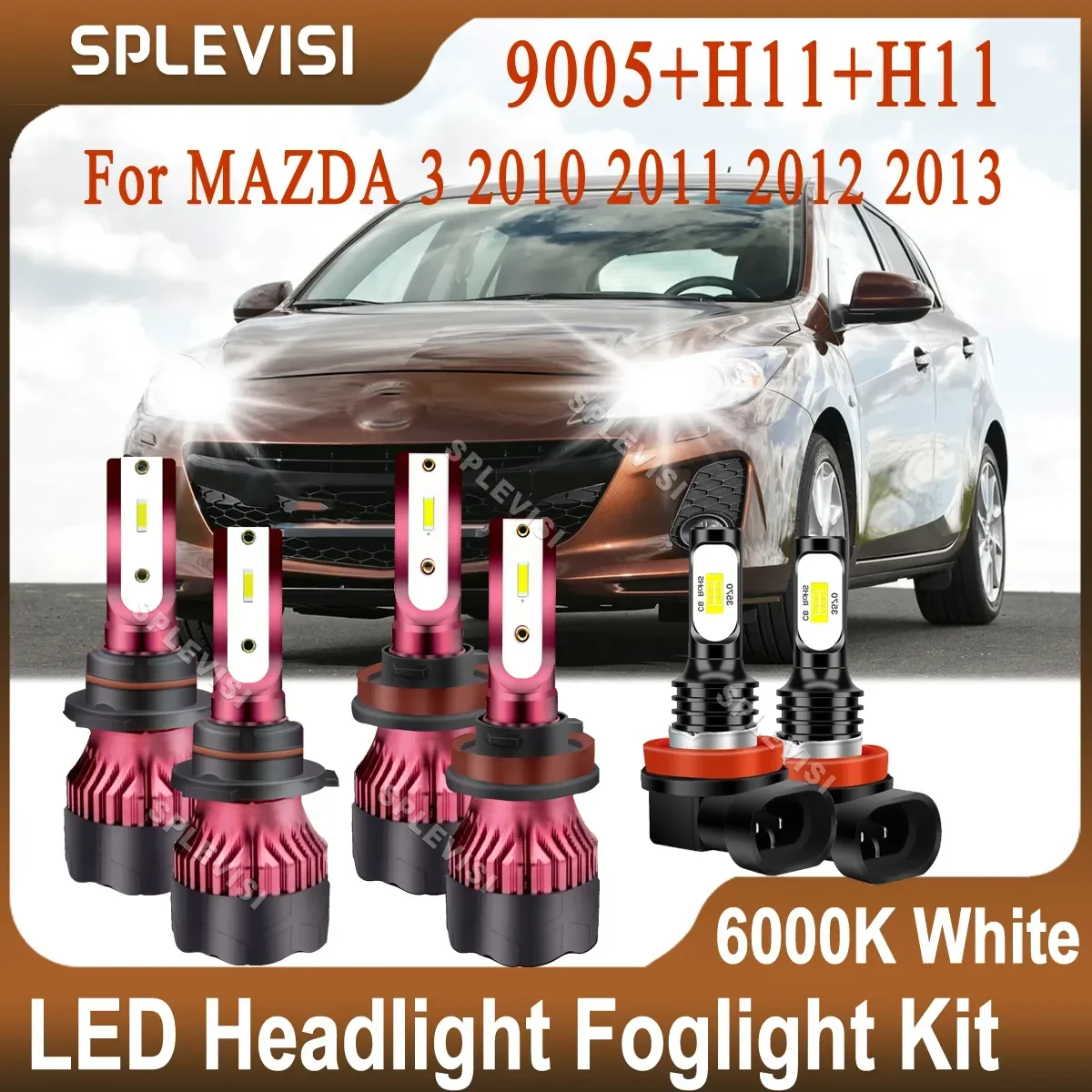 300% Brighter LED Car Light Pure White Kit For MAZDA 3 2010 2011 2012 2013 High Low Beam 9005 H11 Foglight H11