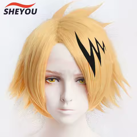 Anime My Hero Hero Academia Denki Kaminari Wigs Short Golden Heat Resistant Synthetic Cosplay Wig + Wig Cap + Black Lightening