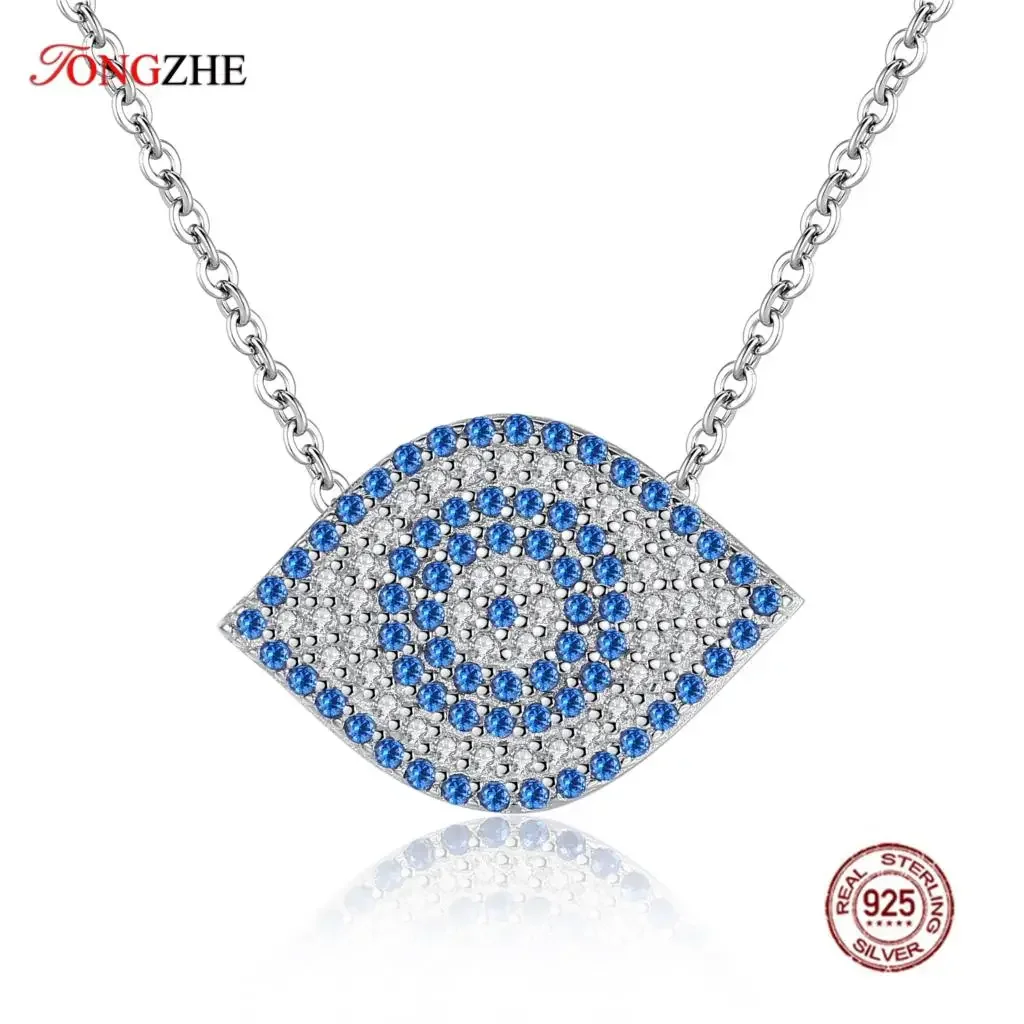 TONGZHE 925 Sterling Silver Pendant Statement Necklace Blue Evil Eye CZ Dragon Shrimp Design Charm Women Wedding Jewelry