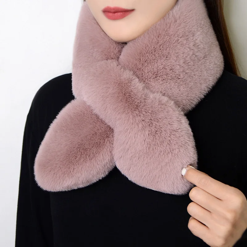 Winter Thicken Warm Cross Scarf Women Soft Faux Rabbit Fur Collar Neck Protection Shawl Solid Color Plush Wrap Warmer Scarves