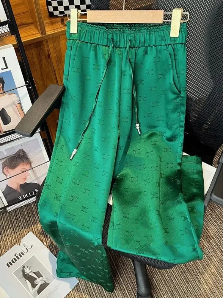 Pantalones de cintura alta para mujer, pantalón de seda, holgado y ligero, pierna ancha, bordado, primavera y otoño, 2024