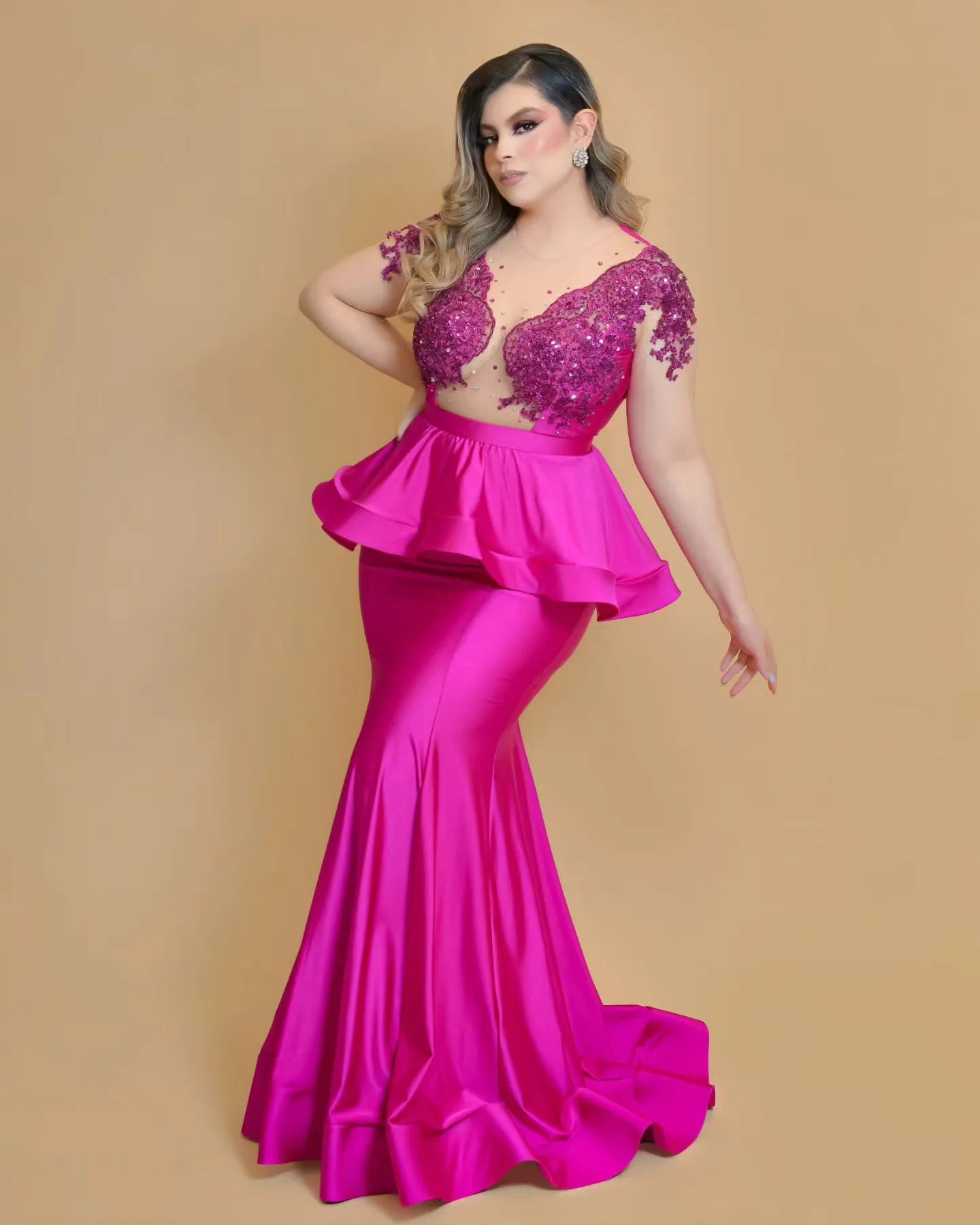 2024 Fuchsia Meerjungfrau Ballkleider Spitze Perlen Satin Abend formelle Party zweiten Empfang Geburtstag Verlobung kleider Kleid zj32