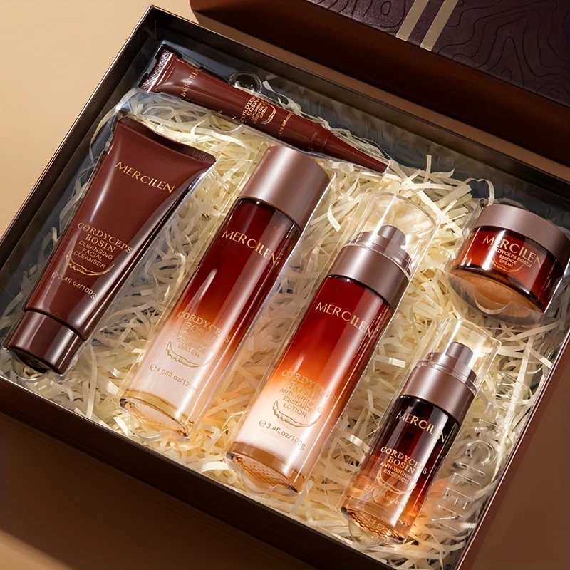 mercilen-cordyceps-bosein-skincare-gift-set-6-piece-set-includes-facial-cleanser-essence-moisturizing-cream-toner-eye-cream-essence-lotion-contains-niacinamide-astaxanthin-for-deep-hydration-makes-skin-look-younger-ideal-holiday-gift-for-friends-or-mothers