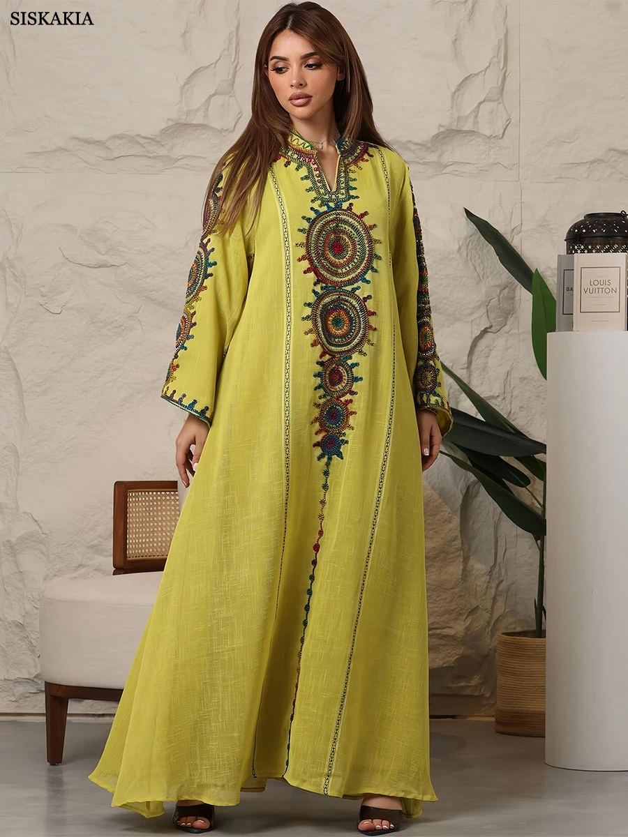 Siskakia Embroidery Dubai Abaya For Muslim Woman Notched Stand Collar Elegant Casual Loose Moroccan Saudi Kaftan Fashion Kebaya