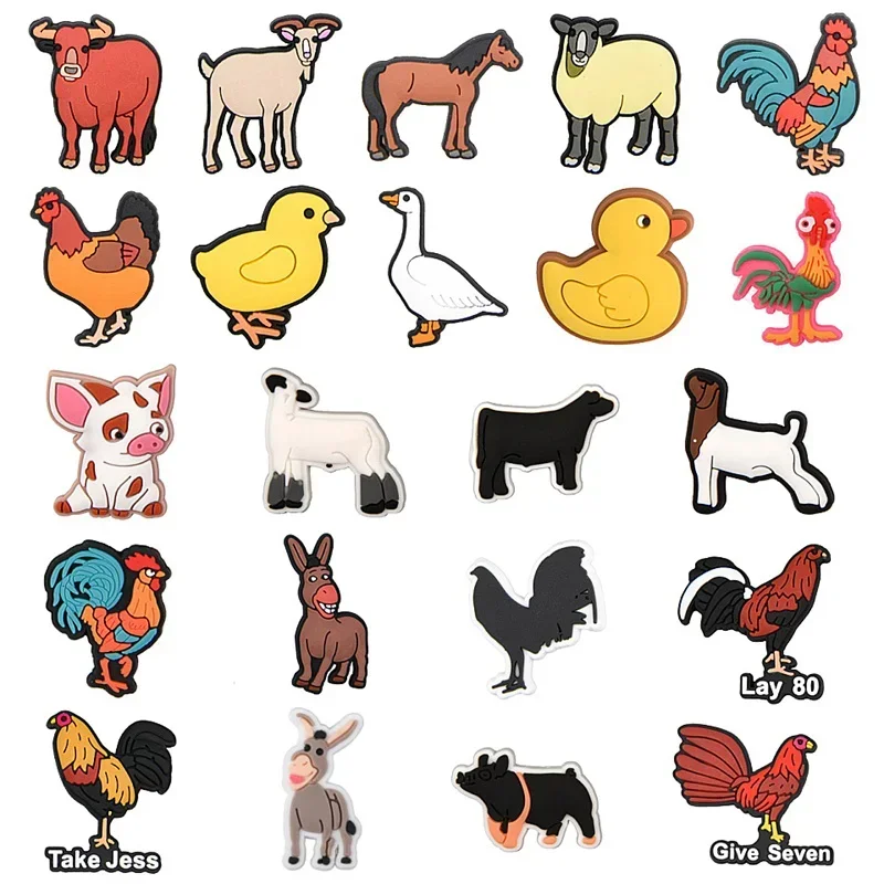 1pcs Poultry Farm Animals for Croc Charms Cute Chicken Duck Pig Dog Horse Donkey Bull Shoes Wristband Girls Boys Kids DIY Gift