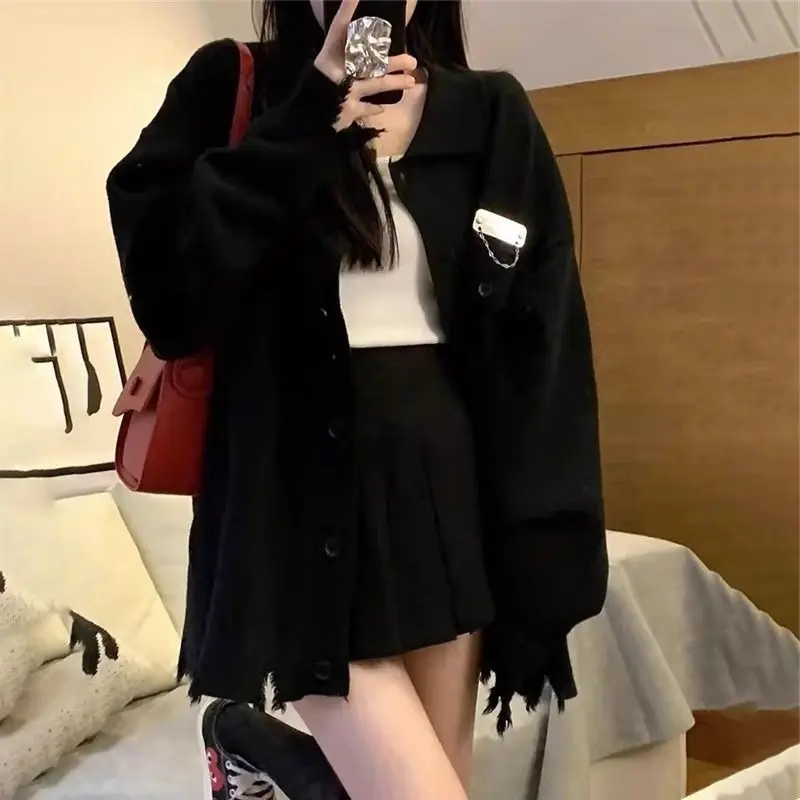 

Black Sweater Cardigan Knitted Jacket Korean Style Jacket Plus Extra Size Lazy and Loose Japanese Style Top