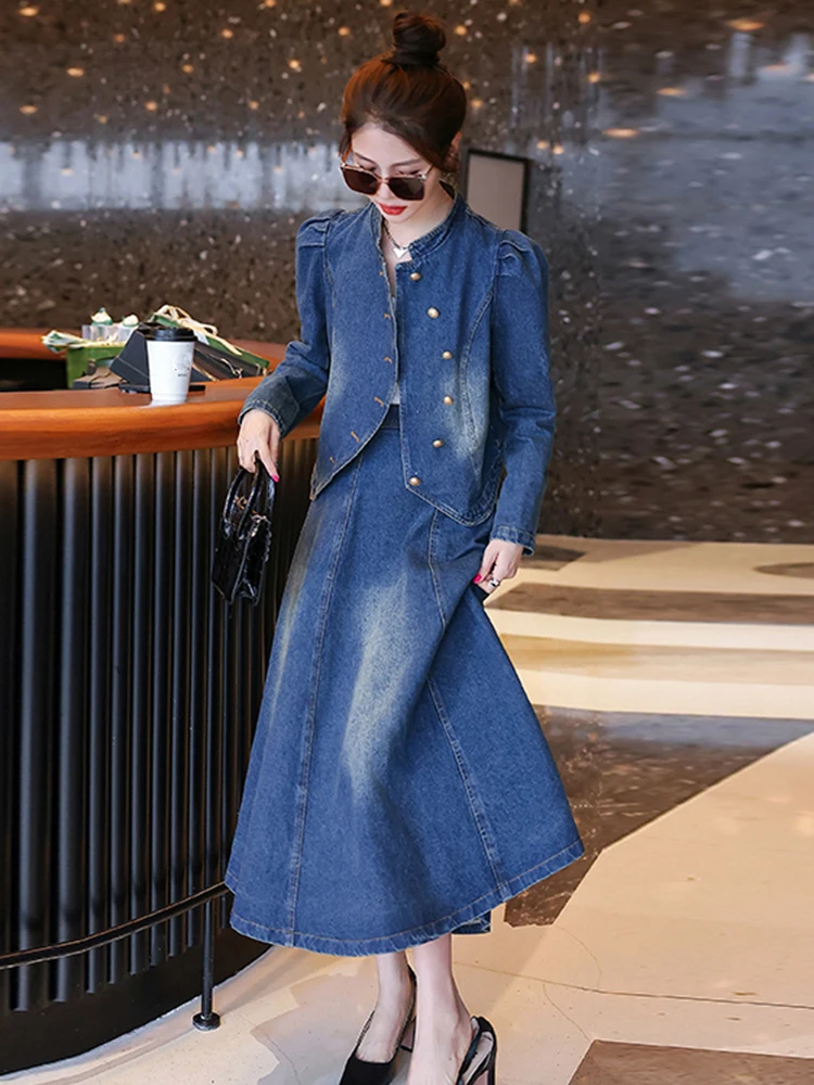 LANMREM Fashion Denim 2 Pieces Set Women Single Breasted Long Sleeves Short Coat High Waist A-line Skirt 2023 Autumn New 2AA2096