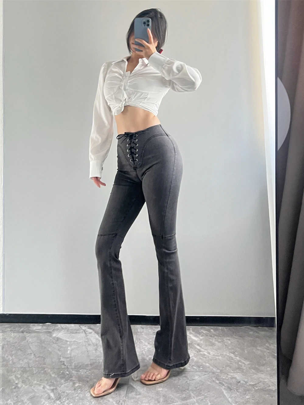 High Waisted Spring/autumn Style Elastic Lace Up Micro Flared Jeans Women Lifted Buttocks Spicy Girl American Style Jeans E57S