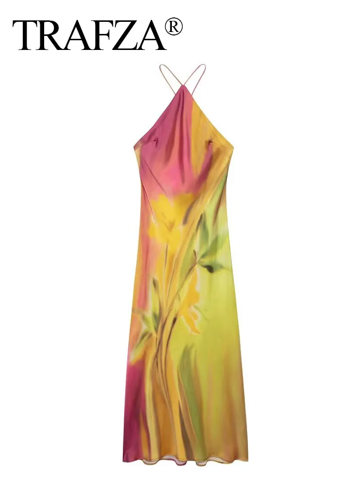 TRAFZA 2024 New Female Fashion Beach Style Slim Long Dress Print Tie Dye Sleeveless Sexy Backless Summer Dress Woman Trendy