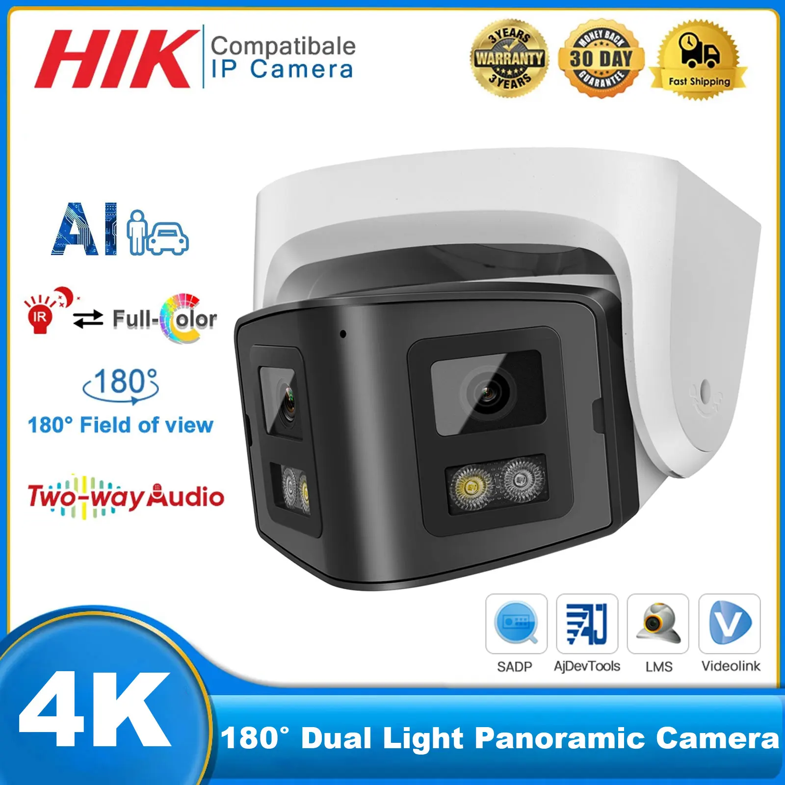 

Hikvision Compatible 4K PoE IP Camera 8MP Dual Lens 180° Panoramic Wide Angle Full-Color Human/Vehicle Detection Two-Way Audio