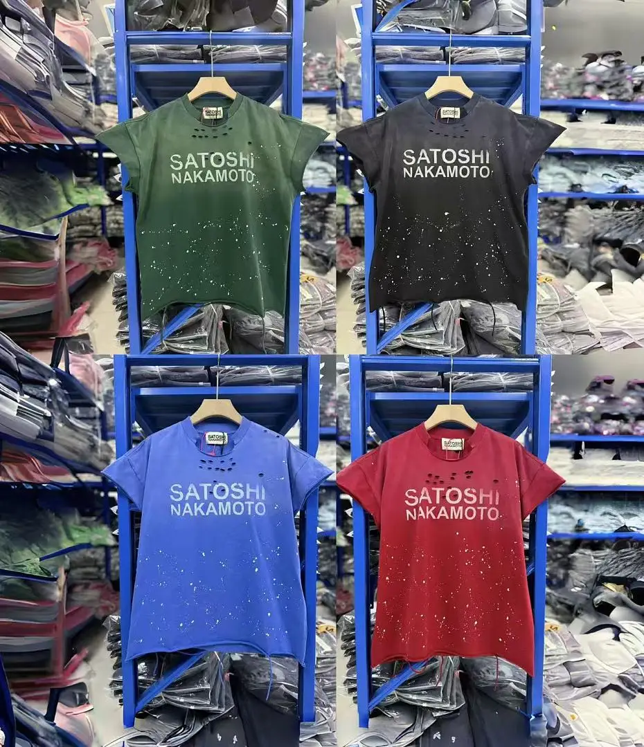 27ss Satoshi Nakamoto Vintage Women Men Logo Printed Splatter Paint Sleeveless T-shirt Vest Oversized Men Cotton Ripped T shirt