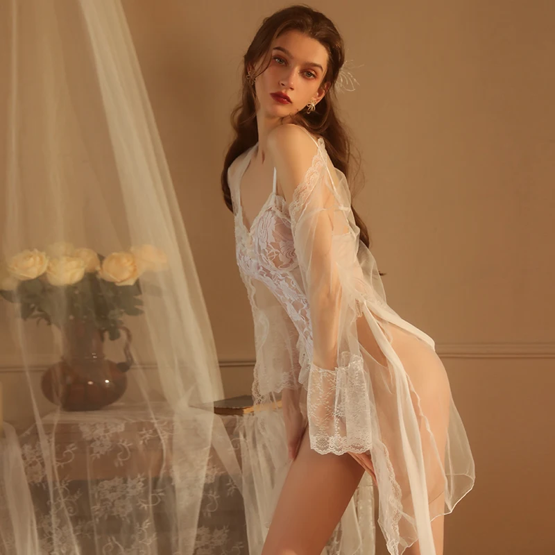 Sexy Mousse Erotic Sexy Women Nightdress Mesh Perspective Temptation Hidden Buckle Open File One-piece Robe Homewear Suit 2023