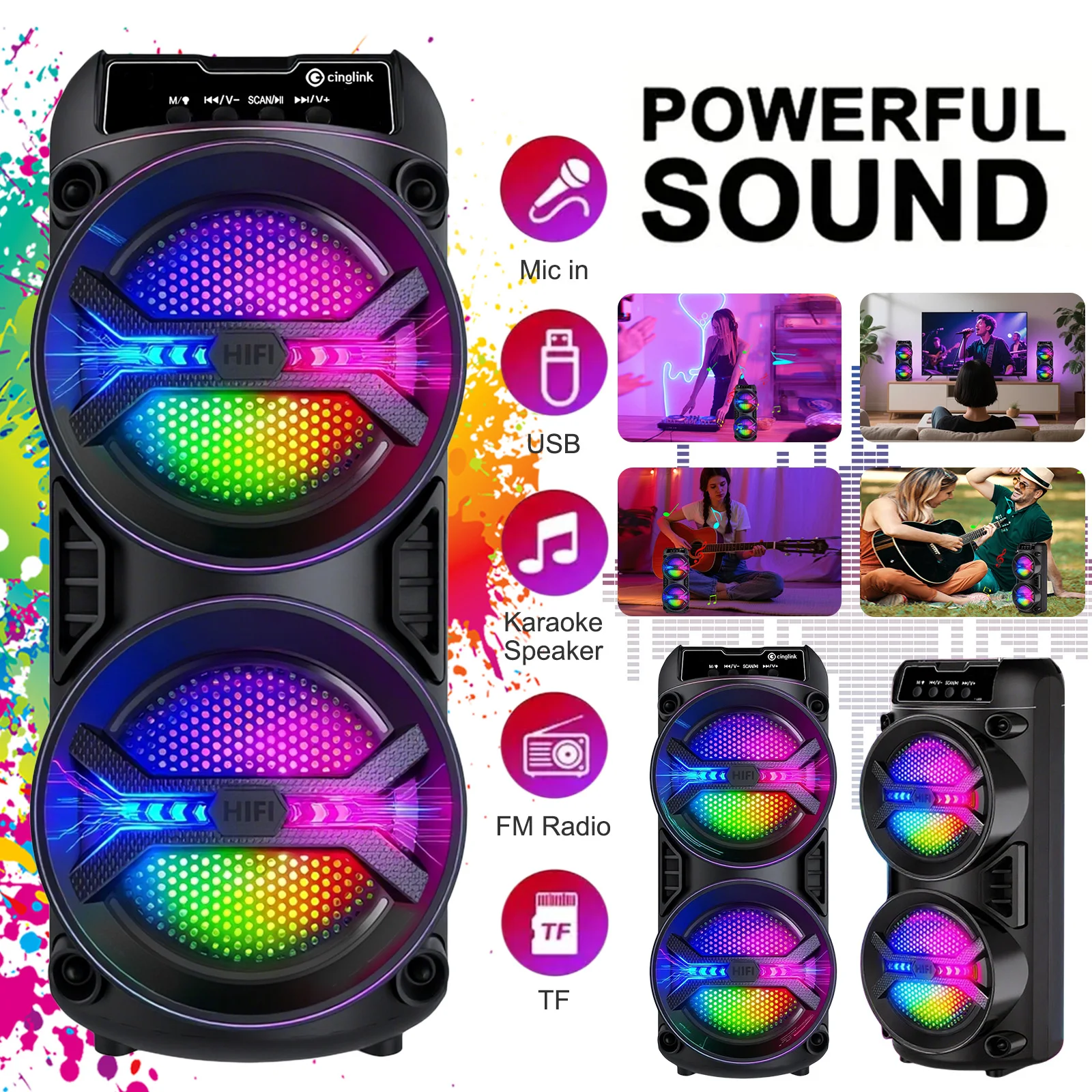 Portable wireless Bluetooth speaker with microphone and multi-mode colorful lights. Supports TF card, USB Type-C port and FM radio. Suitable for parties, outdoor camping, square dancing and other occasions. A lovely gift.