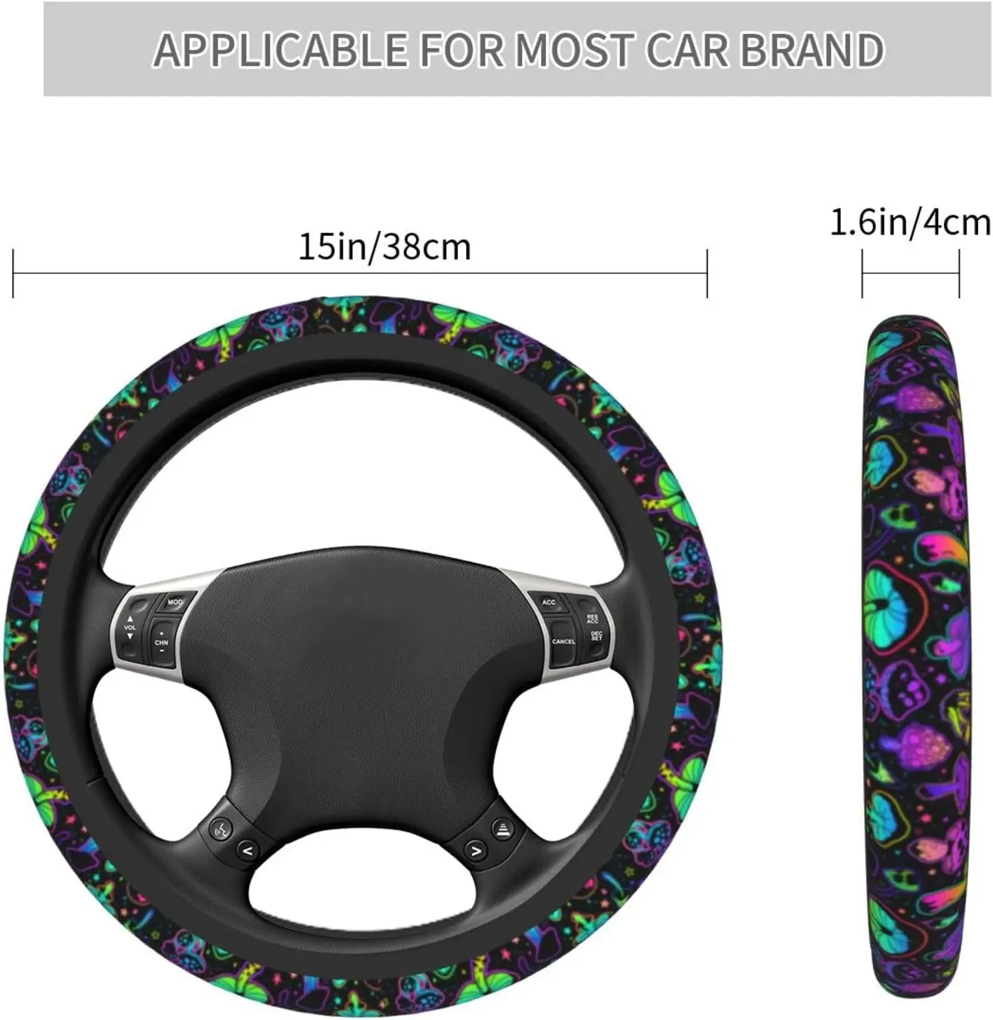 Steering Wheel Cover Colorful Psychedelic Mushrooms Universal 15 Inch Non-Slip Soft Elastic Fabric Protector Car Accessories