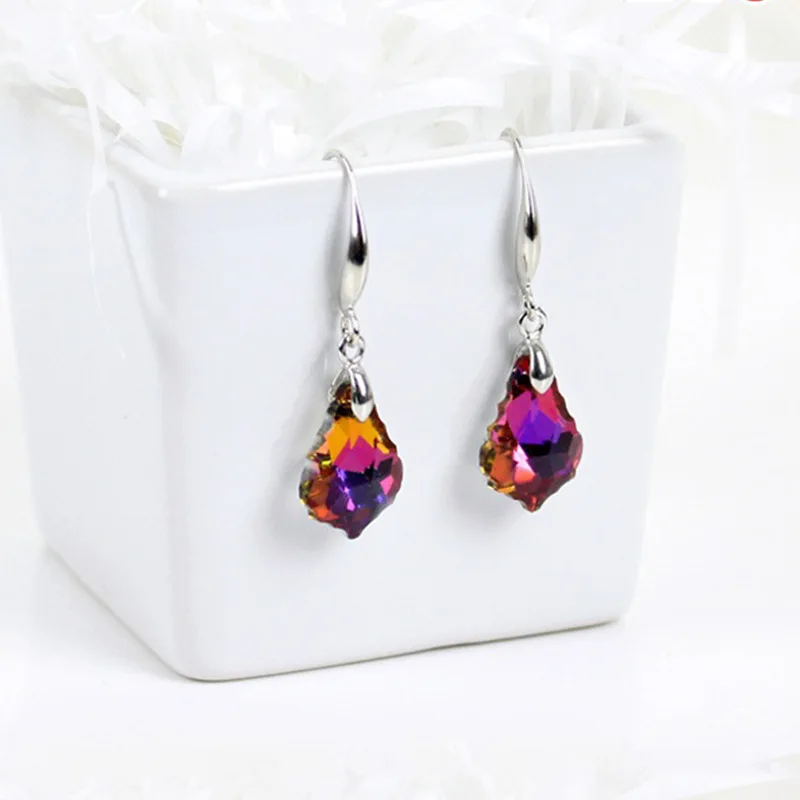 Female Rainbow Crystal Water Drop Earrings Boho Silver Color Zircon Stone Long Dangle Earrings For Women Girl\'s Wedding Jewelry