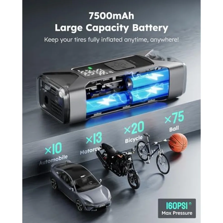 T10 منفاخ لإطارات السيارة ضاغط هواء محمول لسيارة دراجة نارية كرات 160 رطل لكل بوصة مربعة مضخة هواء لاسلكية مع بطارية مدمجة 7500 مللي أمبير #5