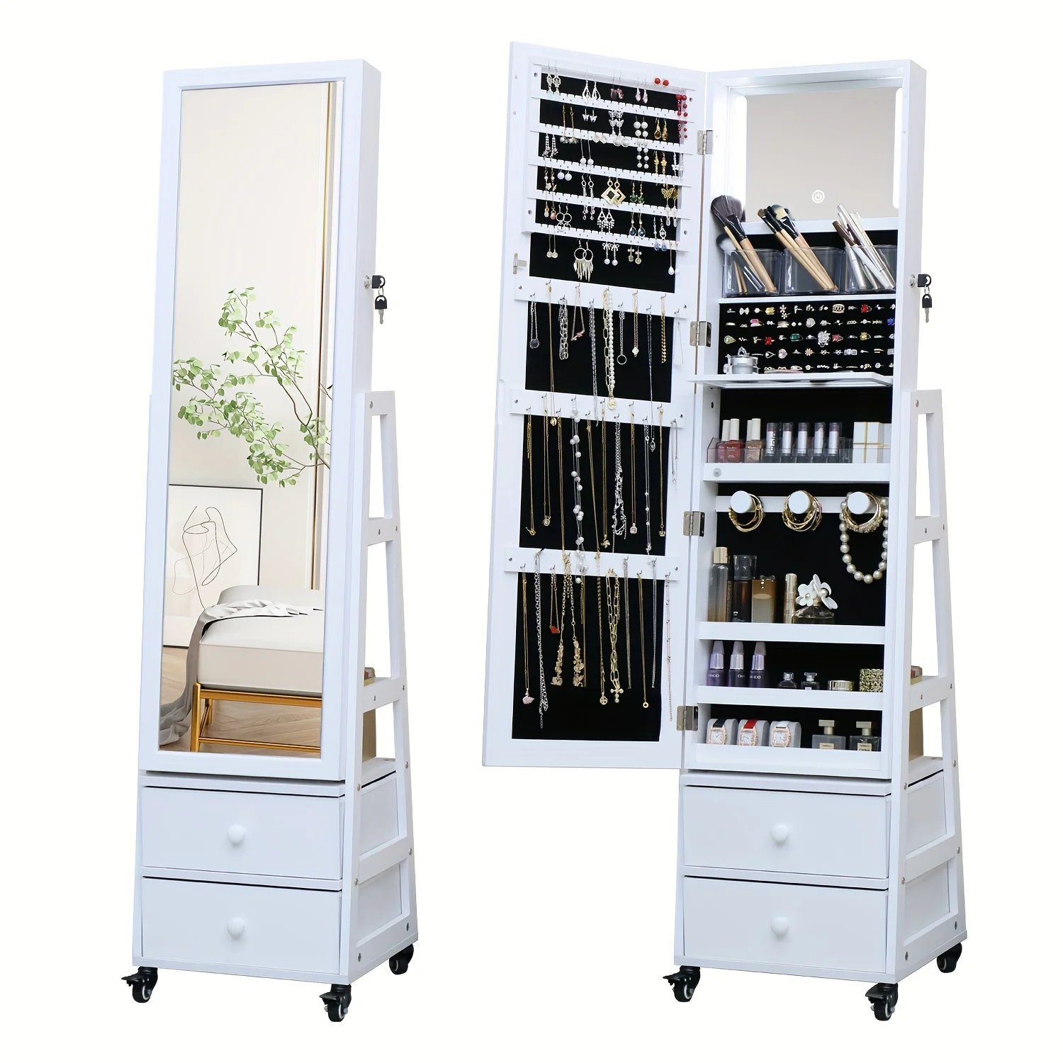 

Jewelry Storage Cabinet for Women Featuring a Mirror And Wheels, a Full-Length Mirror with Ample Space for Organizing Jewelry, A