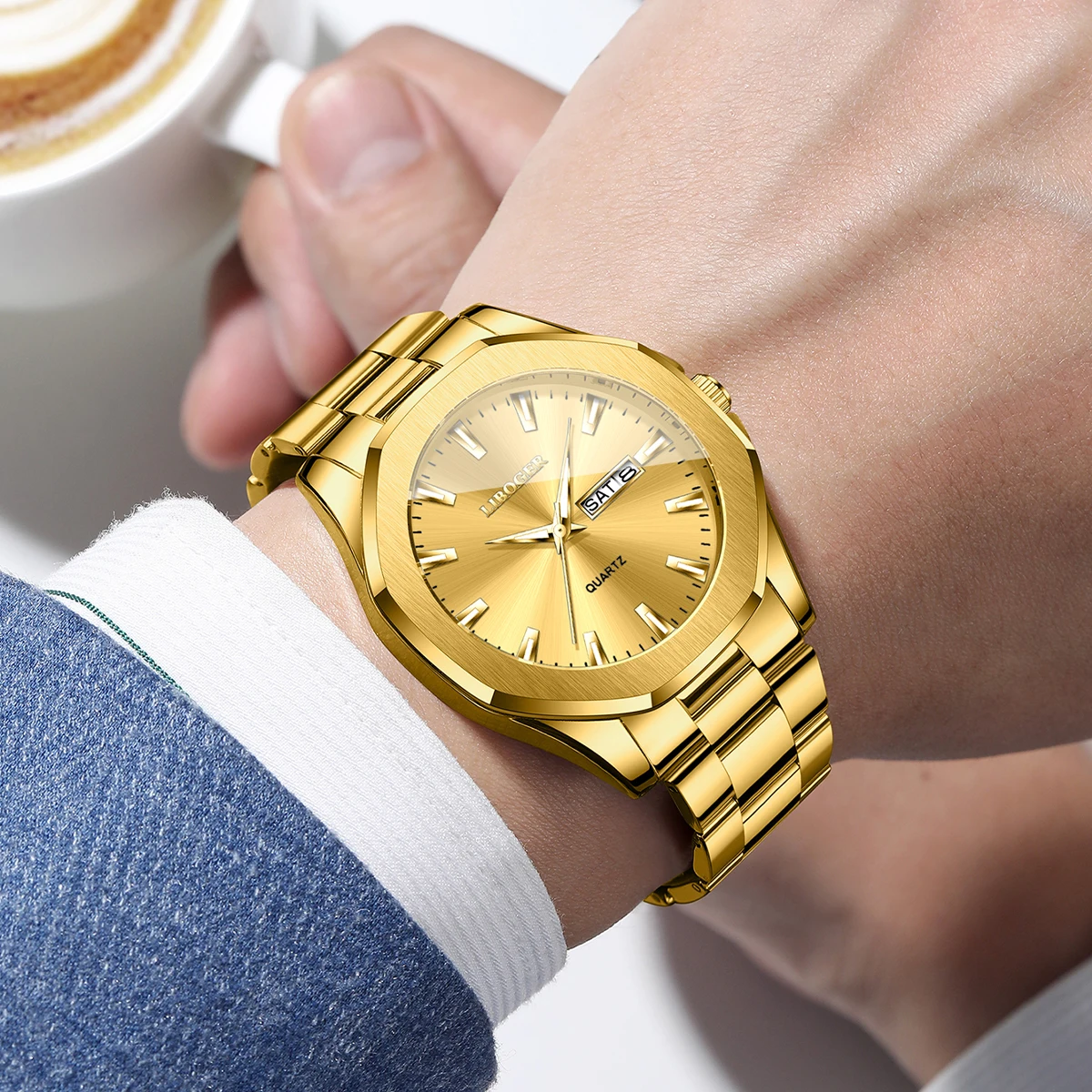 Luxury Stainless Steel Band Men's Quartz Watch Fashion Men Business Wristwatches with Calendar Relogio Masculino (Without Box)