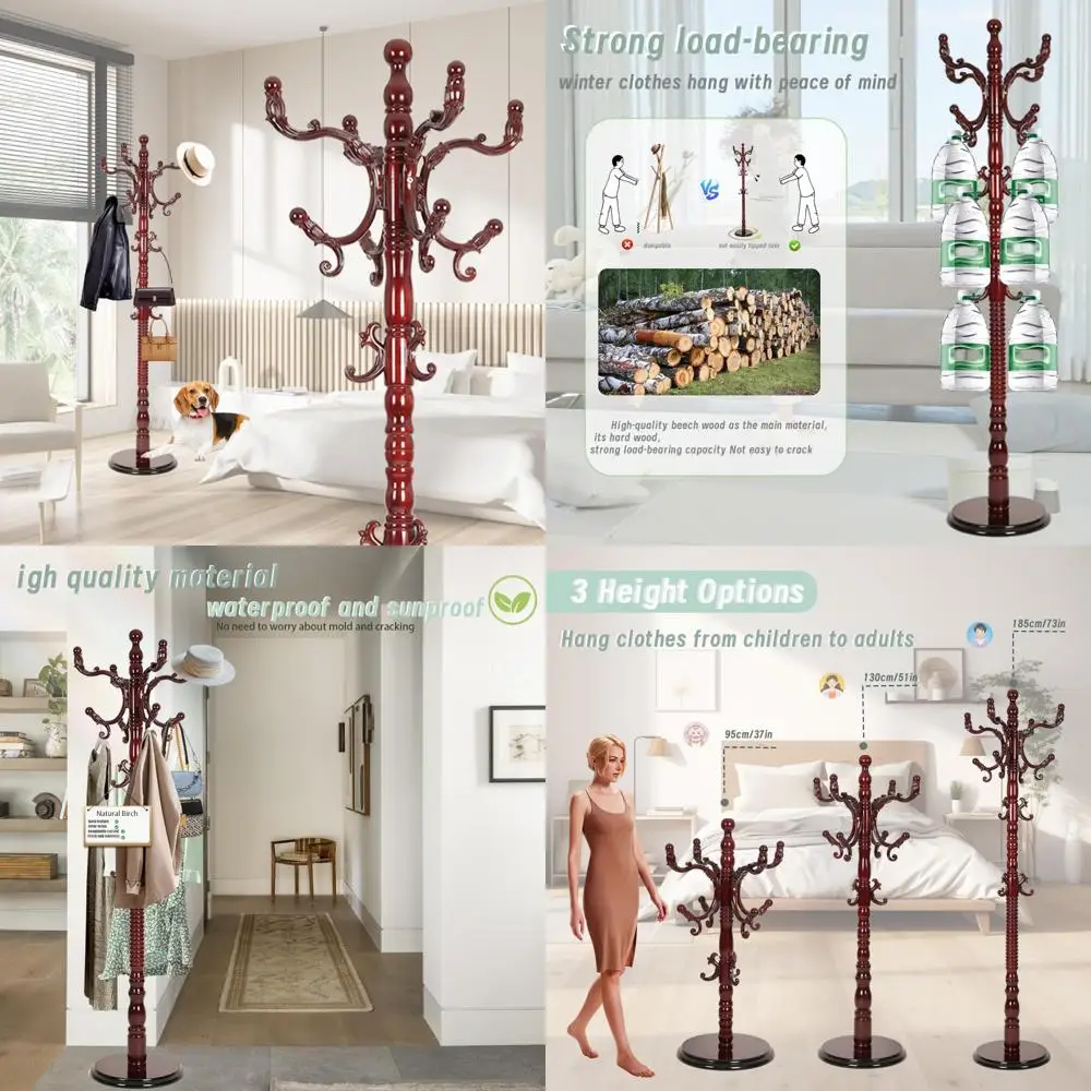 coat rack freestanding,solid wooden coat rack stand with 3 height options,14 hooks, natural birch coat tree easy to assemble for