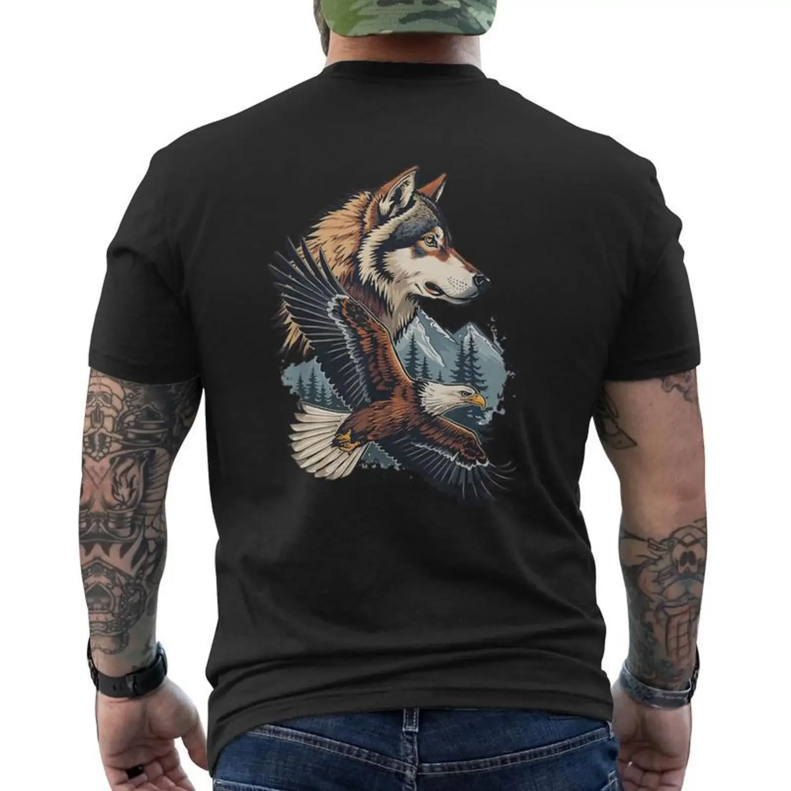 Loup Et Aigle Avec Paysage De Montagnes Illustré T shirt imprimé au dos Cadeauxyz vintage Washed Breathable Versatile Soft