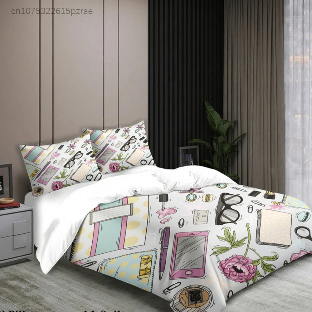 3pcs Fashion Bedding Sets 3D Printed Stationery And Flowers Duvet Cover Sets With Pillowcases No Filling