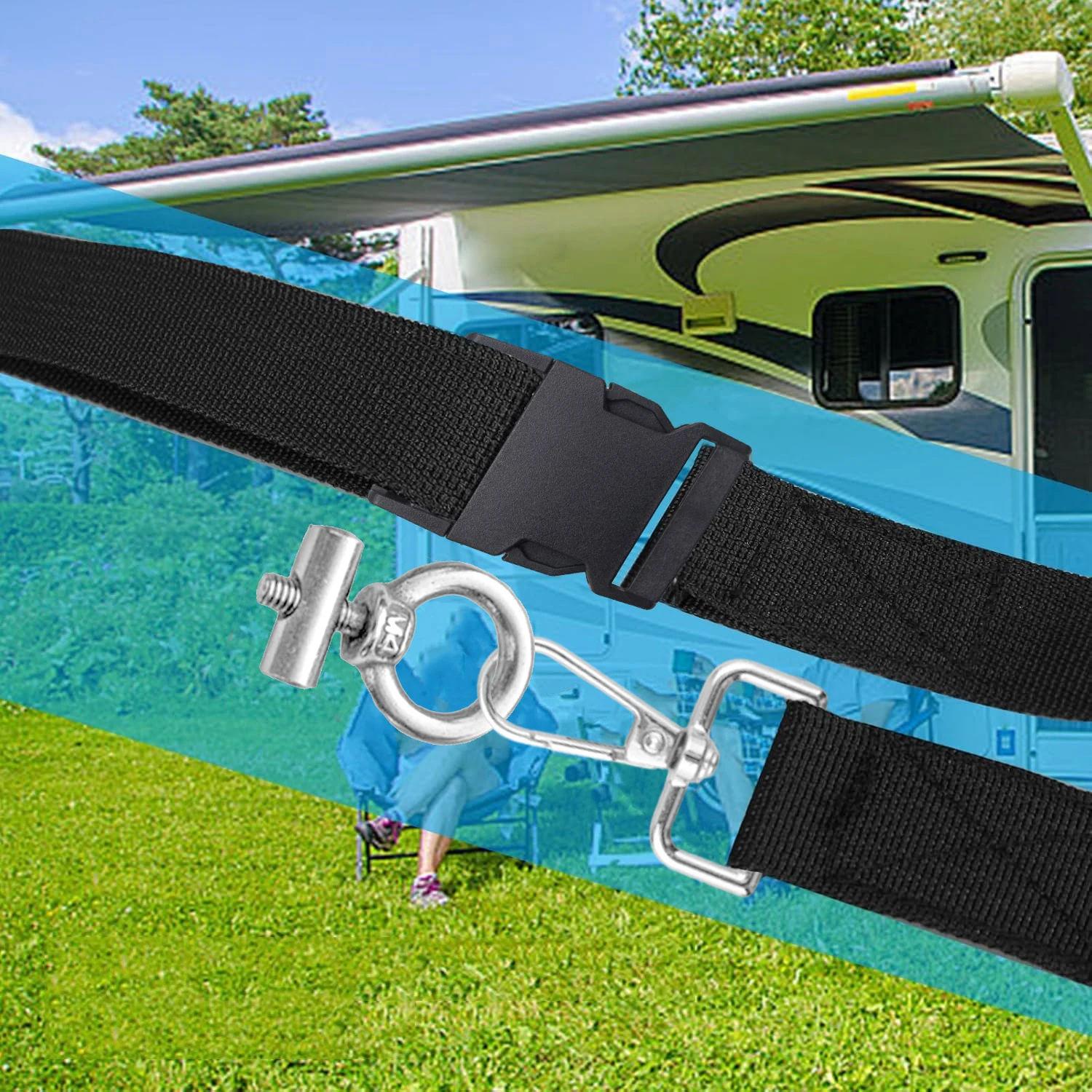Windproof Awning Tie Down for Fiamma/Dometic Awnings-RV Camper Awning Stabilizer Straps with Spring Hooks, Metal Pegs Carry Bag - view 3