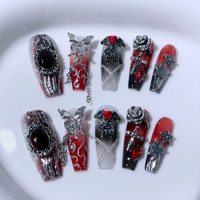 Sweet Cool Cyberpunk Handmade Wearable Nails Blood Mourning Dark Coffin Nail Art Butterfly Roses Cross Halloween Press on Nails