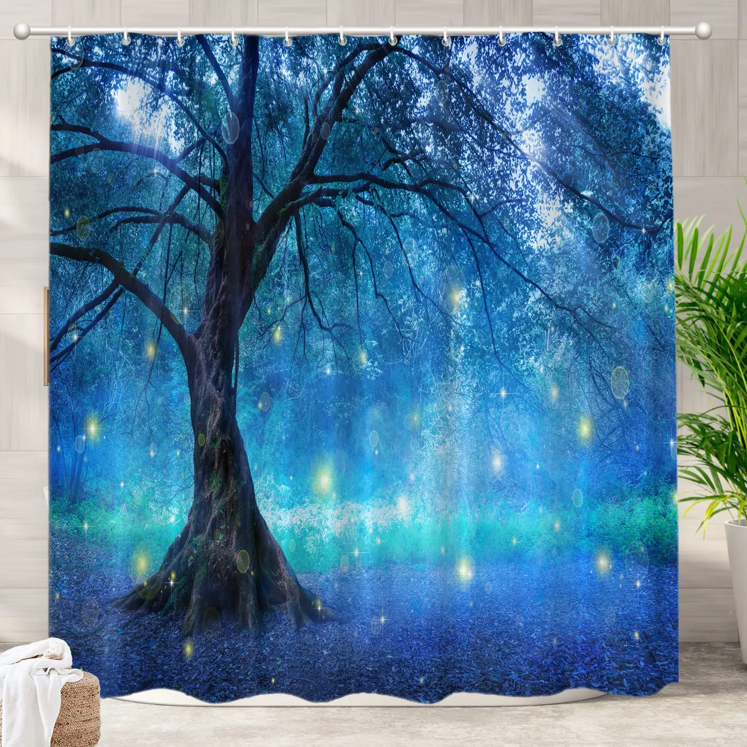 Fairy Trees Forest Shower Curtain,Mystical Fantasy Forest Blue Nature Bath Curtain,Waterproof Fabric Shower Curtain for Bathroom