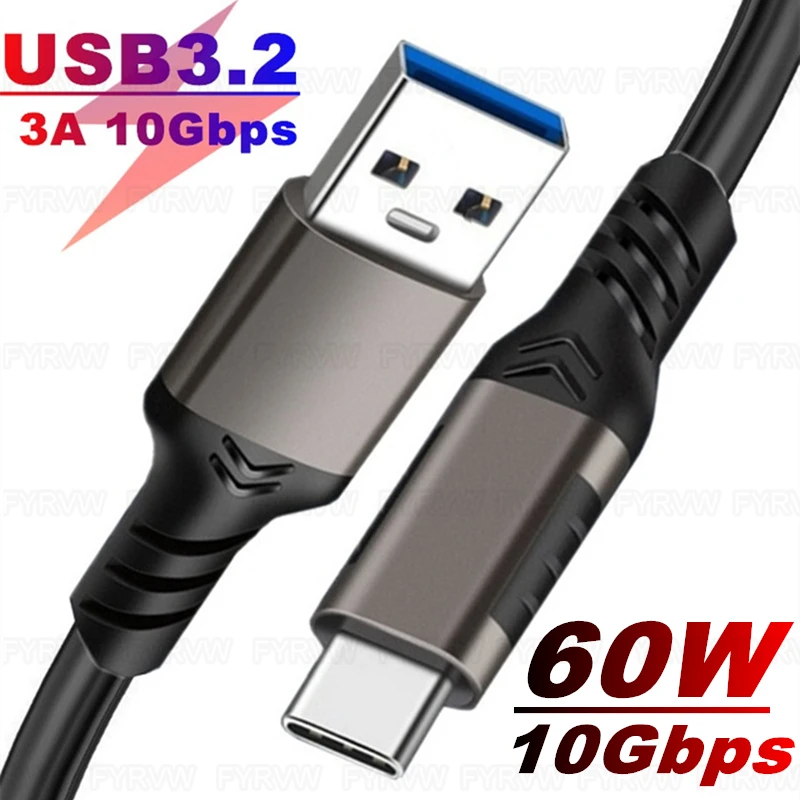 USB3.2 Gen2 10Gbps Cable Type A to USB C 3.2 Data SSD Hard Disk Cable 60W QC 3.0 Fast Charging For Galaxy Google Android Carplay