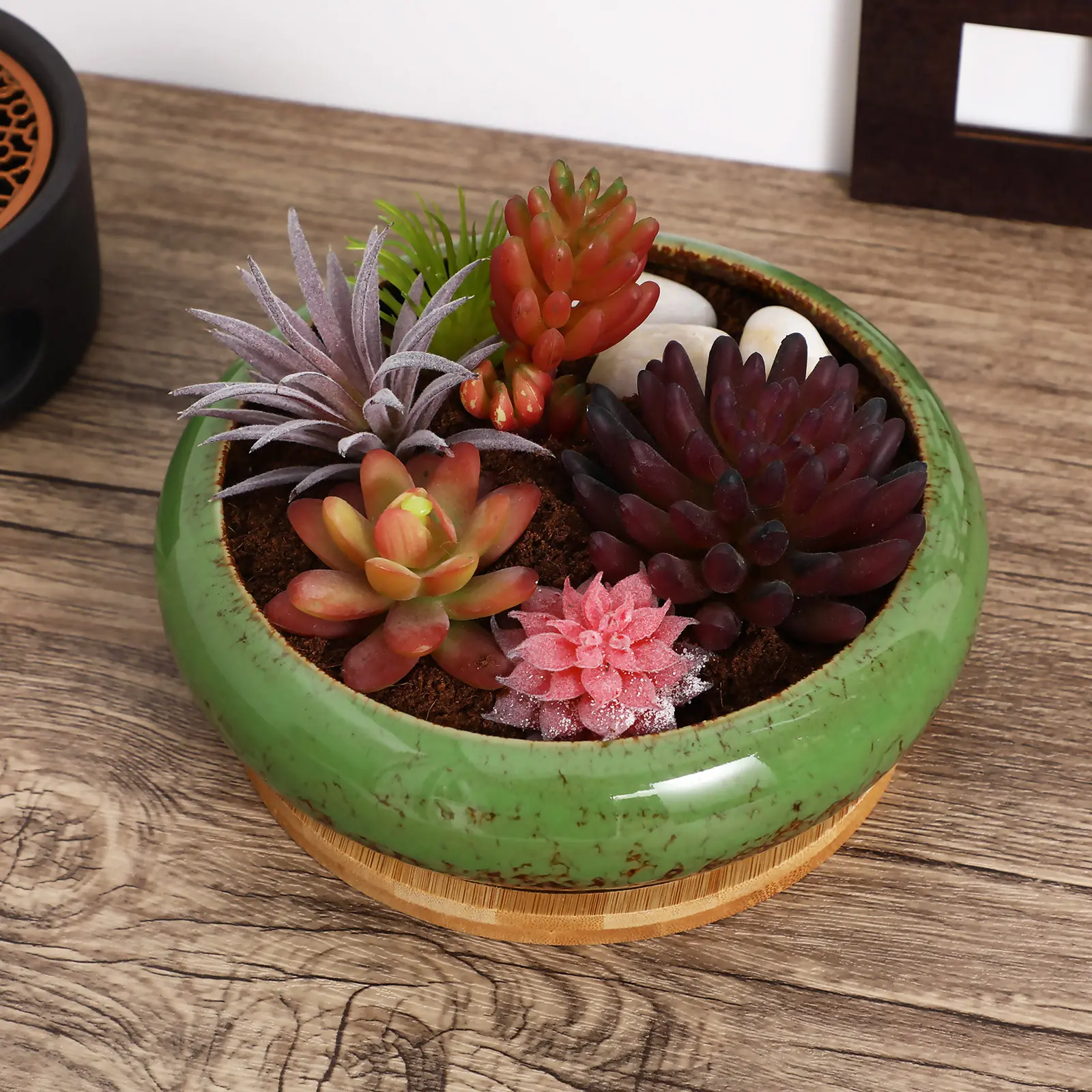 

1Set Sleep Lotus Bonsai Planter Ceramic Shallow Bowl Pot for Indoor Desk Office Home Decor Soil Based Succulent