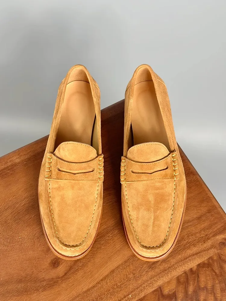 Summer Men Business Work Real Cow Suede Leather Formal Shoes Vintage Slip On Loafers Breathable Round Toe Wedding Dress Shoes