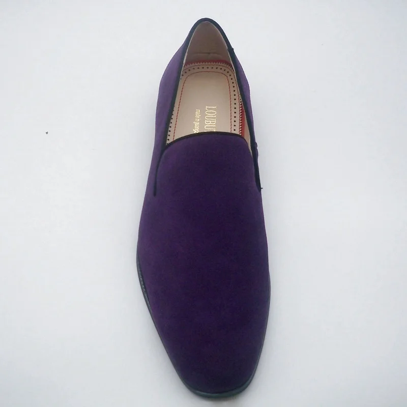 LOUBUTEN Fashion Dark Purple Suede Loafers Men Casual Shoes Slip On Leather Men ShoesHandmade Red Bottoms Dress Shoes