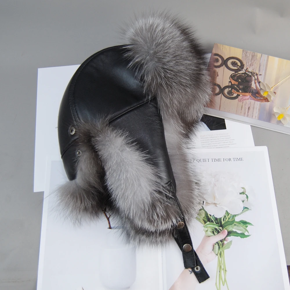 ฤดูหนาวผู้ชาย 100% Real Silver Fox Fur Aviator Bomber หมวก Raccoon ขนสัตว์ Ushanka หมวก Trapper รัสเซีย Man หมวกสกีหมวกหนังแท้