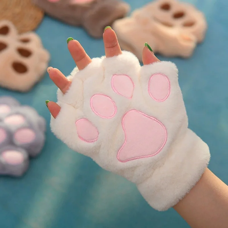 Soft Plush Cute Cat Paw Gloves Fluffy Claw Fingerless Gloves Warm Panda Glove Half Finger Women Girls Winter Wear Mittens Gifts