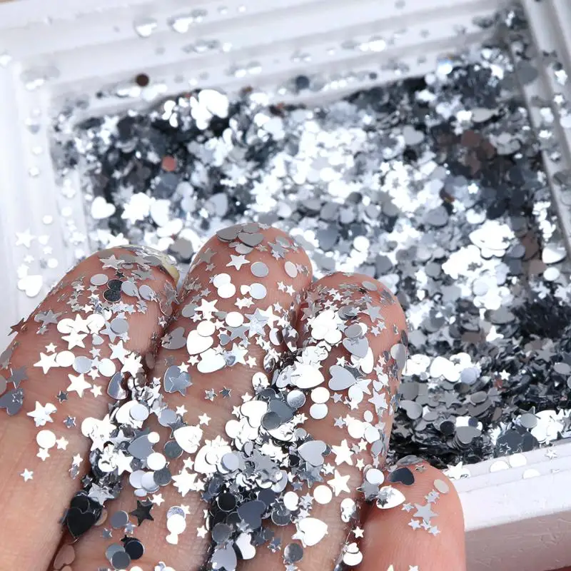 6 Grids Silver Glitter Love Star Nail Charms 3D Nail Decorations Jewelry For Nail Art Salon Manicure Supplies