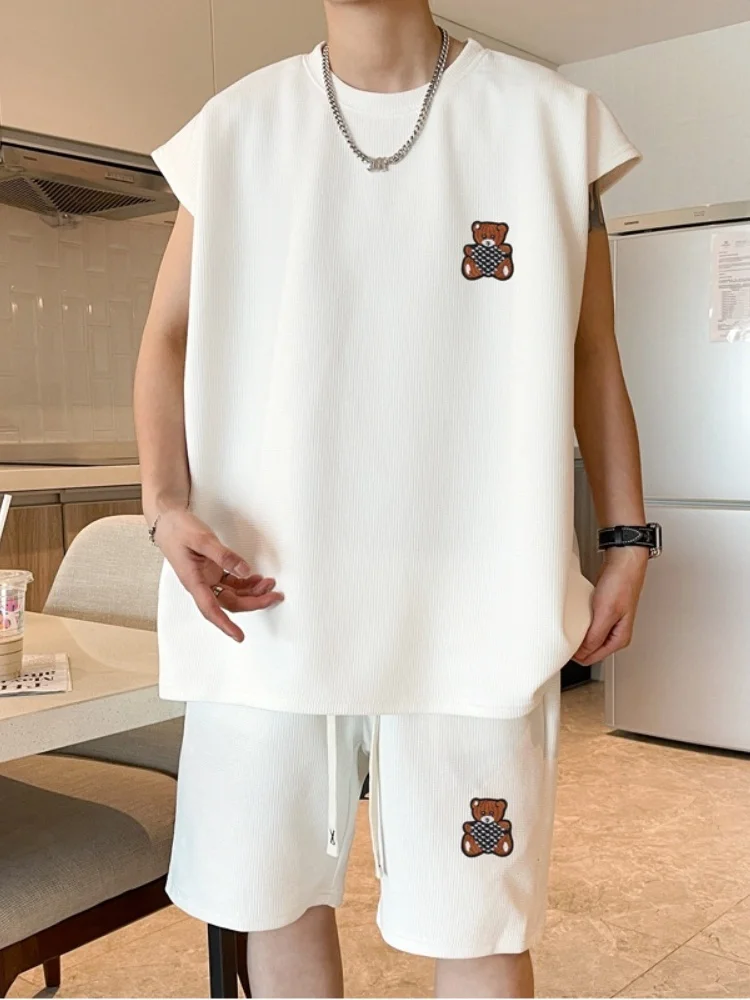 

Lightweight Summer Men's T-irt Set American Casual Sports Baskeall Vest Two-Piece Set Breathable Printed round Ne Cotton