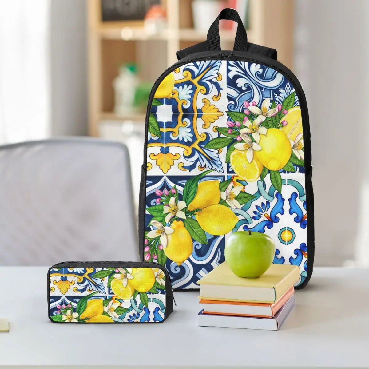 Bright Mediterranean Sicilian Tiles With Citrus Lemons Backpack BookBag School Bag Shoulder Bags 3ps Lunch Bag Pencil Case