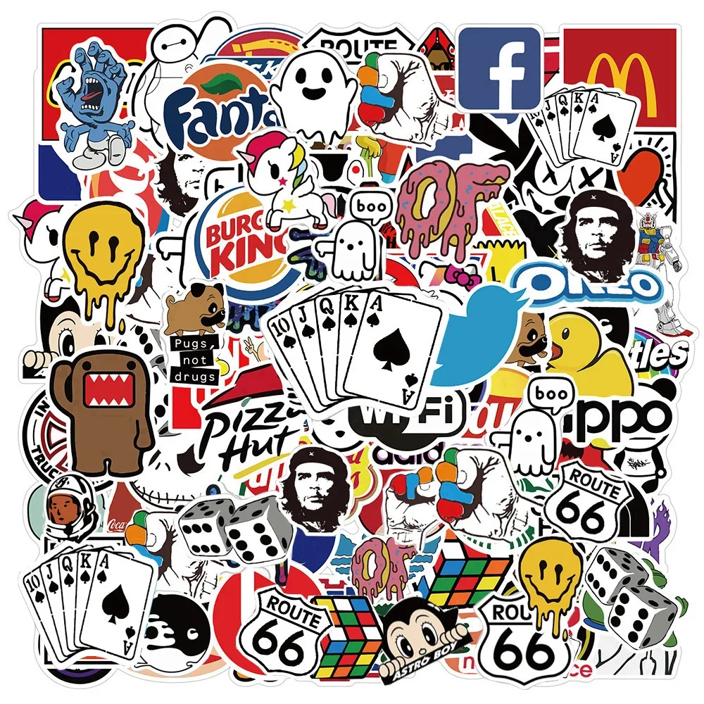 100Pcs Cool Brand Logo Stickers Fashion Decals Collected Motorcycle Phone Car Graffiti Calssic Sticker Kid Toy Gift