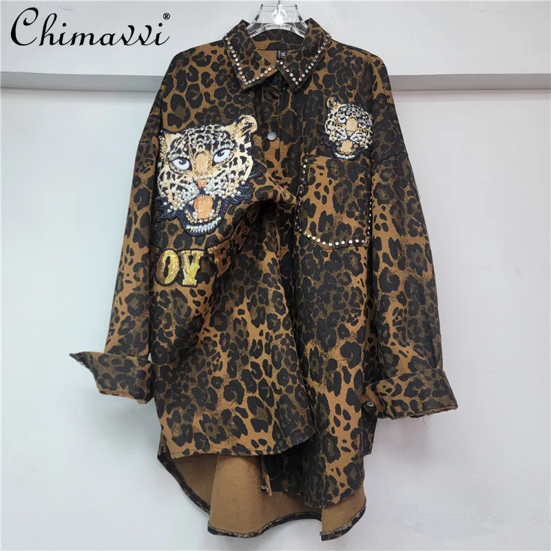 2025 Autumn New Heavy Leopard Print Beaded Retro Loose Shirt Fashion Long-sleeved Shirt Casual Versatile Streetwear Shirt Jacket