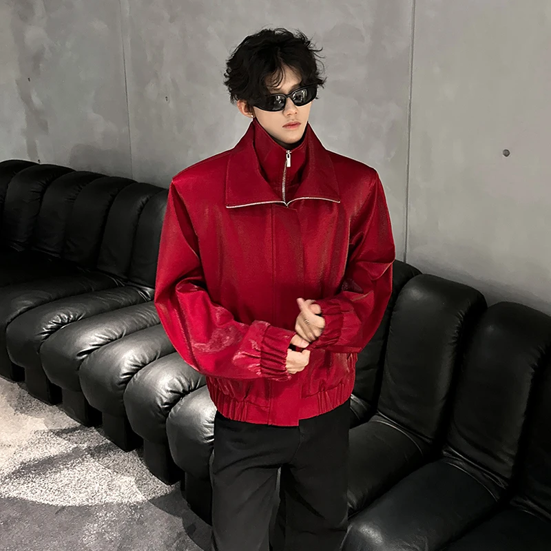 

American Sle Red Liquid iny High Street Vibe Jaet Men's Hip Hop Fake Two-Piece oulder Pad Coat Youth Faion Polyester