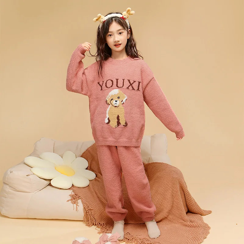 Winter Autumn Children Girl Flannel Pajamas Cartoon Dog Long Sleeve Tops+Pants Suits Cute Coral Plush Comfortable Home Pjama Set