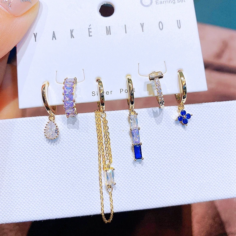 6pcs Purple Blue Stone Geometric Hoop Earrings Set for Women Gold Cubic Zircon Jewelry