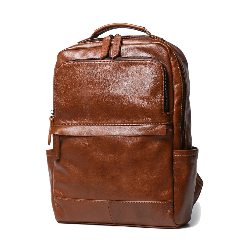 CFUN YA Genuine Leather Laptop Backpack with Twin Carry Handles Front Zip Pocket and Adjustable Straps for Daily Travel 0825-2