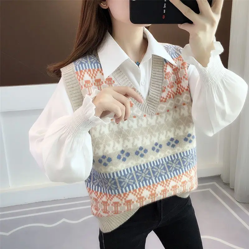 Women\'s Spring Autumn Turn-down Collar Solid Color Pullover Button Long Sleeve Shirt Sweater Knitted V-Neck Vest Casual Tops