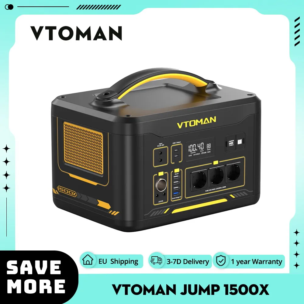 VTOMAN JUMP 1500X Portable Power Station, 828Wh LiFePO4 Solar Generator, 1500W AC Output, Expandable to 2376Wh 3 Input Modes