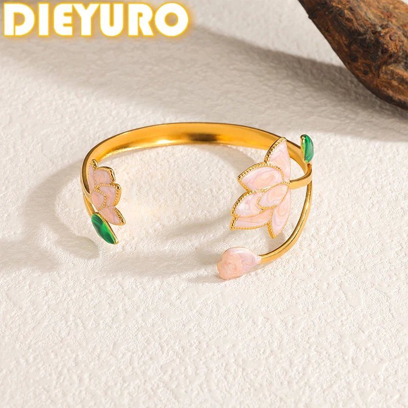 DIEYURO 316L Stainles Steel Pink Dripping Oil Lotus Opening Bracelet Lady New Trend Classic Waterproof Wrist Chain Jewelry Party