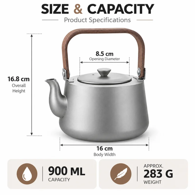 Pure Titanium Camping Kettle 900ml with Tea Filter, Lightweight Outdoor Water Boiler with Foldable Wooden Handle