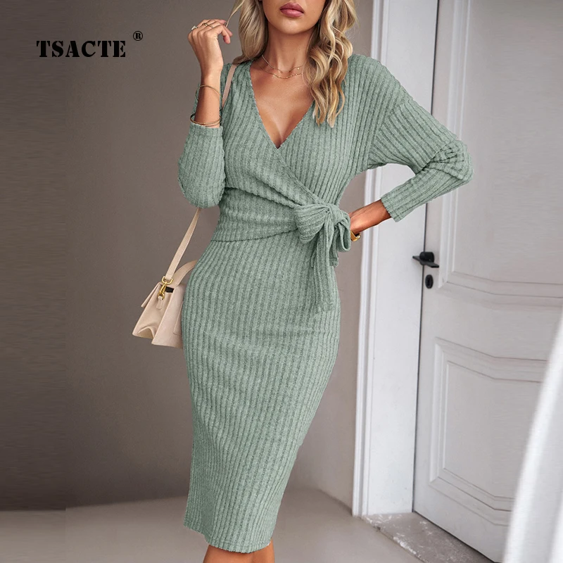 

Elegant And Pretty Women Dress 2023 Autumn Winter V-neck Long sleeved Knitted Strap Temperament Commuter Celebrity Females Dress