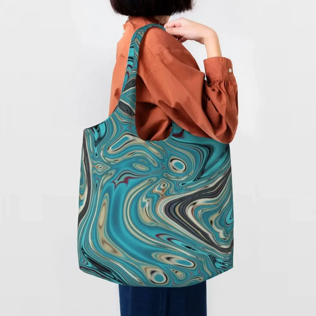 Custom Teal Turquoise Marble Swirls Mid Modern Tote Shopping Bag Women Canvas Shopper Shoulder Bag Large Capacity Handbags